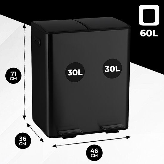 Bayt Prullenbak - Prullenbak 60 Liter (2x30) - Vuilnisbak 60 Liter - Pedaalemmer 60 Liter - Prullenbak Afvalscheiding - Prullenbak 2 Vakken - Afvalbak - RVS - Zwart
