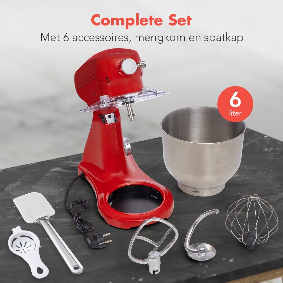 KitchenBrothers Keukenmachine - Keukenrobot - 6L Mengkom - 1800W - Aluminium - Rood