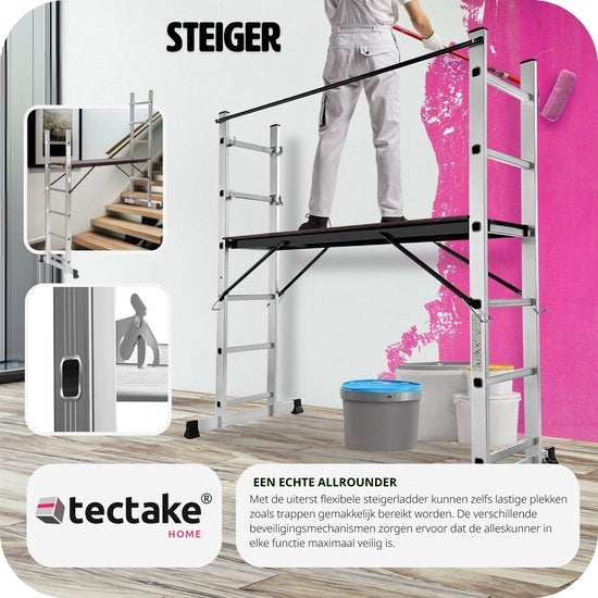 TecTake 3-in-1 Multifunctionele Ladder & Steiger - Verstelbaar – 150 kg Draagvermogen – Max. Hoogte 275 cm –Zilver