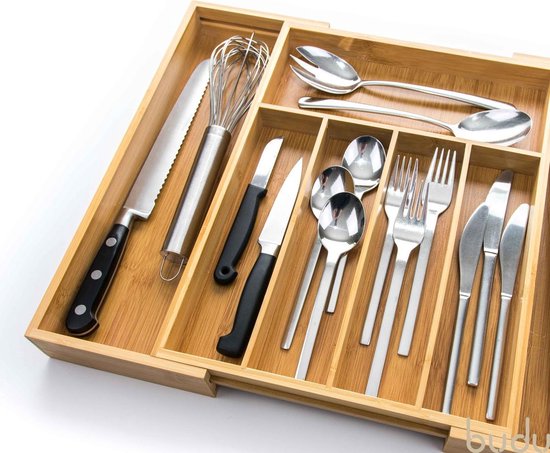 Budu Uitschuifbare Bamboe Bestekbak #38 (38 cm diep) - Bestekcassette Hout - Besteklade - 38 x 29,5 - 47,8 cm - 5/7 vakken