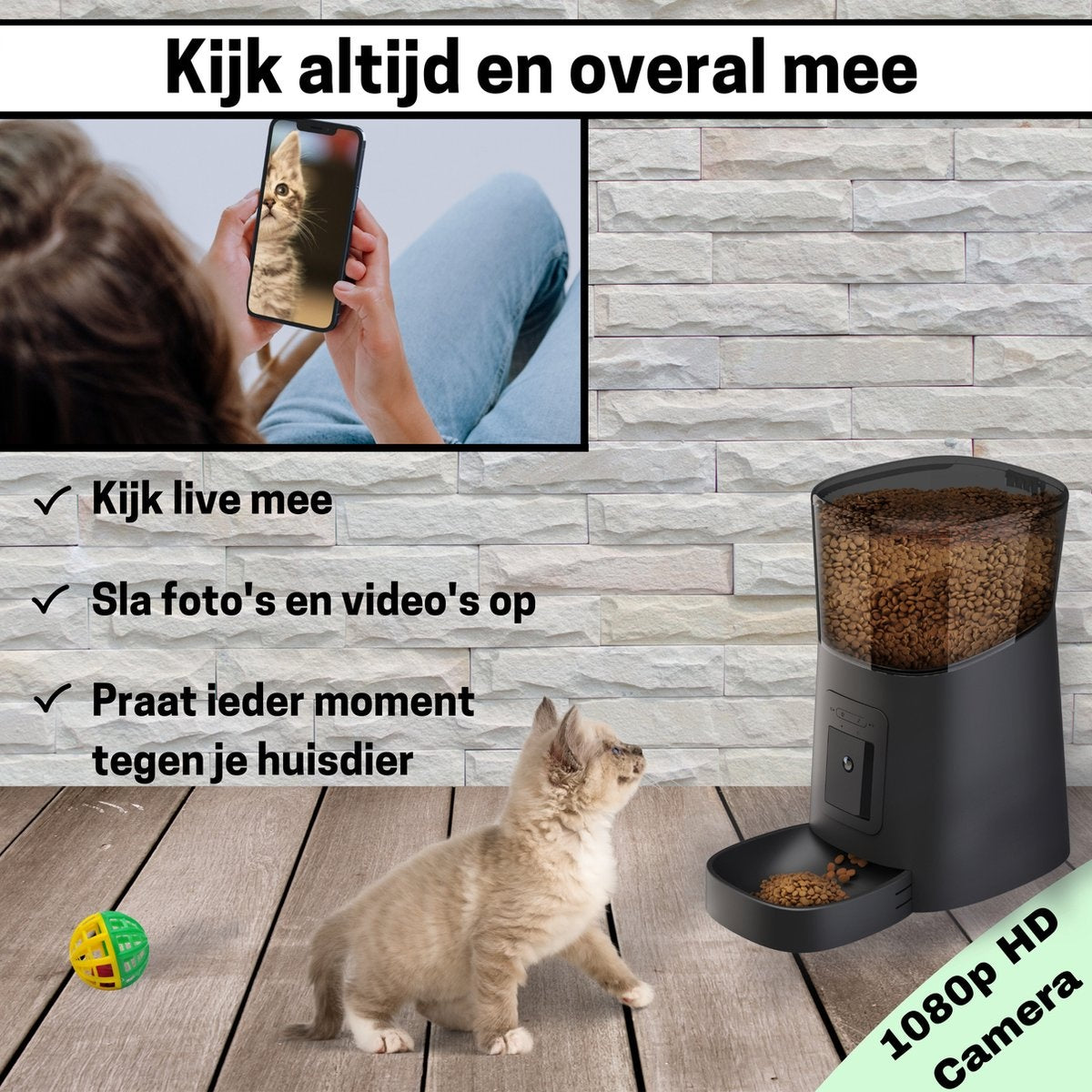 BOME - Automatische Voerbak voor katten en honden op afstand - Camera en Audio incl. SD-Kaart - Zwart