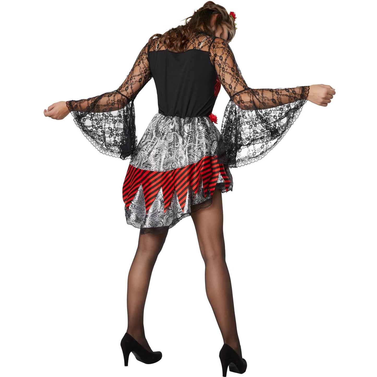 TecTake Halloween Danseres Kostuum Dames - L - Rood – Jurk met Skeletprint, Kant en Haarband