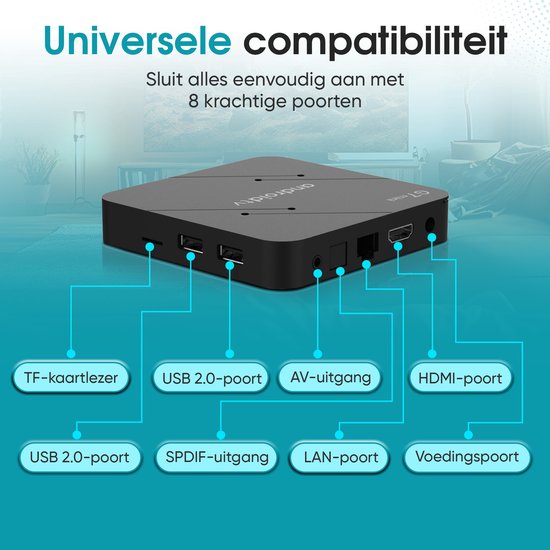 Tibagoods Mediaplayer - Android TV Box 4K HDR - Geschikt voor chromecast streaming - Mediabox - Tv Dongel - Streaming box met wifi - Creëer je SMART TV - Geschikt voor alle soorten streaming apps