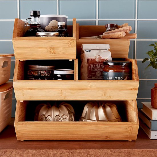 5Five Stapelbare opbergmand 1 vaks organizer - L18 x B15.5 x H12 cm - bamboe hout - lichtbruin