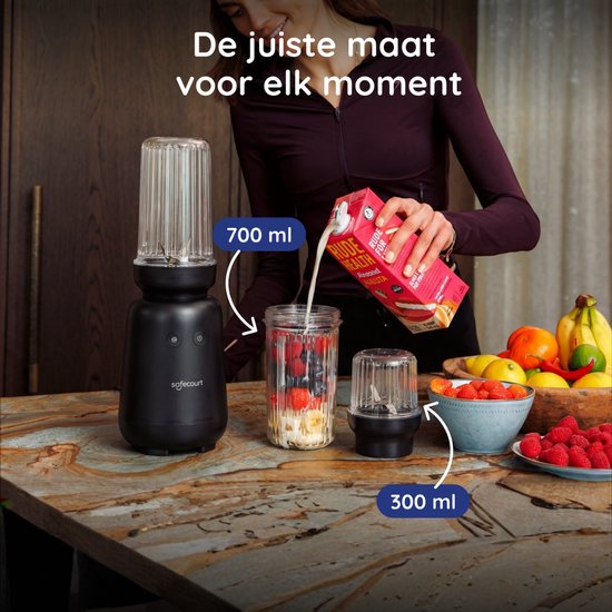 Safecourt Kitchen PureBlend - 1000W Smoothie maker - BPA vrij - inclusief to-go drinkdeksel + rietje- Premium Tritan blendbekers -Zwart