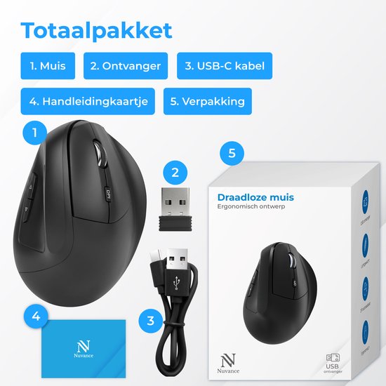 Nuvance Ergonomische Muis - Draadloze Muis - Bluetooth Muis - Muis Draadloos - Stil - Computermuis - Wireless Mouse - Rechtshandig