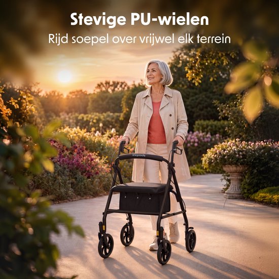 LifeGoods Basic Rollator Lichtgewicht en Opvouwbaar (8,7KG) - Met Zitje en Rugsteun – Voor Binnen en Buiten – Verstelbare Hoogte - Tot 136KG Draagkracht – Zwart