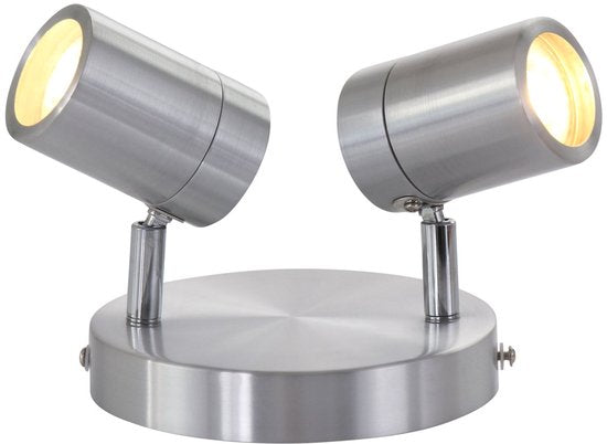 Staalkleurige 2-lichts spot Upround 2487ST - Draaibaar en kantelbaar - Modern design - Inclusief lichtbronnen - Mexlite - Geschikt voor binnen gebruik, IP44, max. diepte 15 cm
