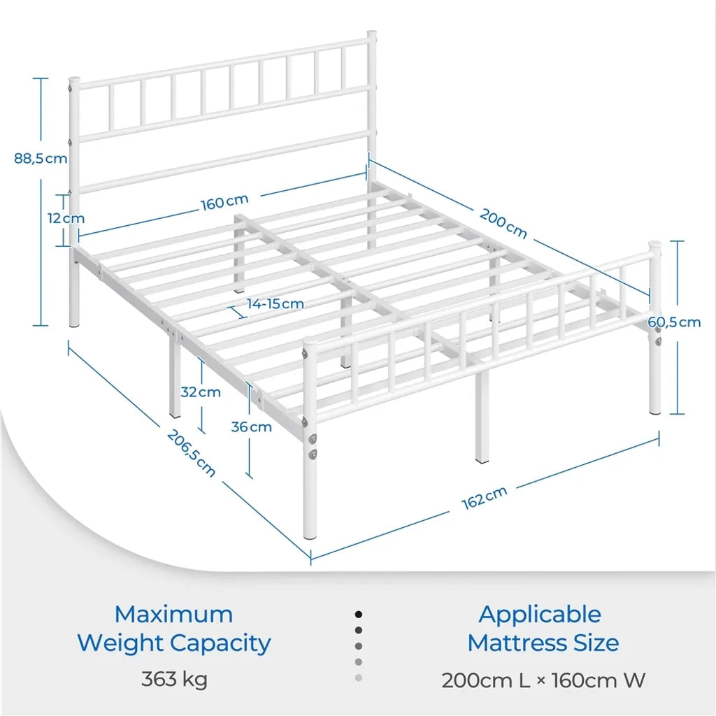 Yaheetech Metalen Bed 160 x 200 cm - Lattenbodem - Hoofdbord/Voetbord - Wit