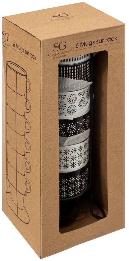 Secret de Gourmet Koffie mokken/bekers Artista - 6x stuks in metalen rekje - Keramiek - glans afwerking - 260 ml - 8 x 9 cm