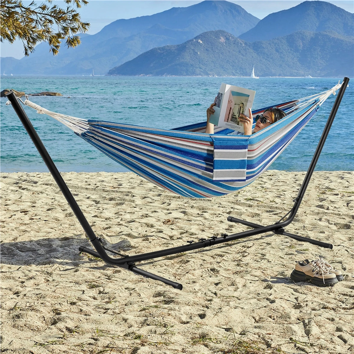Campinghangmat met Standaard voor 2–3 Personen Verstelbaar 294–314 cm Blauw
