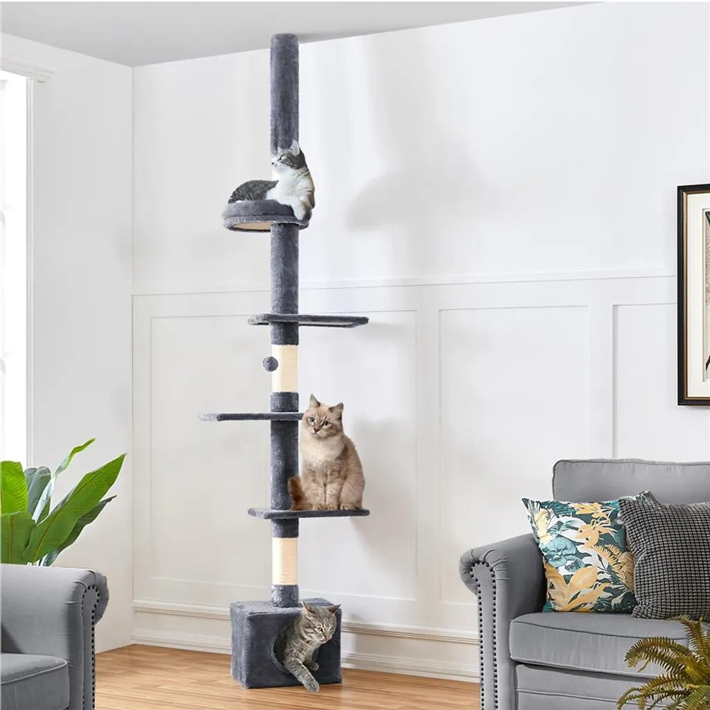 Yaheetech Plafond Krabpaal 226-265,5 cm - Donkergrijs - Verstelbare Kattenboom met 5 Niveaus
