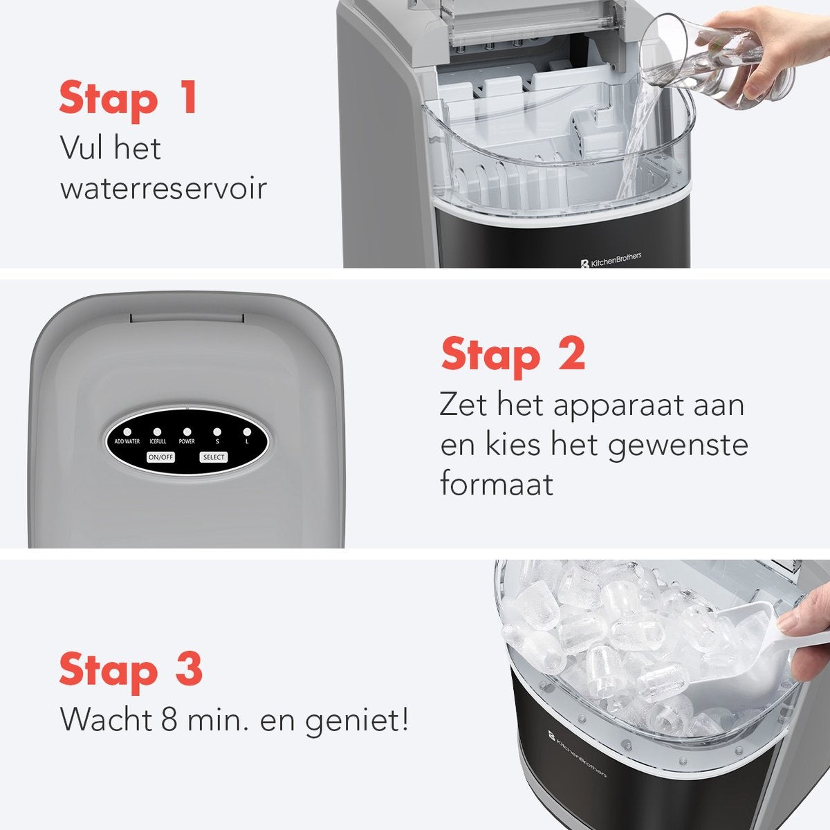 KitchenBrothers IJsblokjesmachine - 1.6L - 8 min. - 12kg/24u - Zelfreinigingsfunctie - IJsblokmaker met IJsschep - RVS