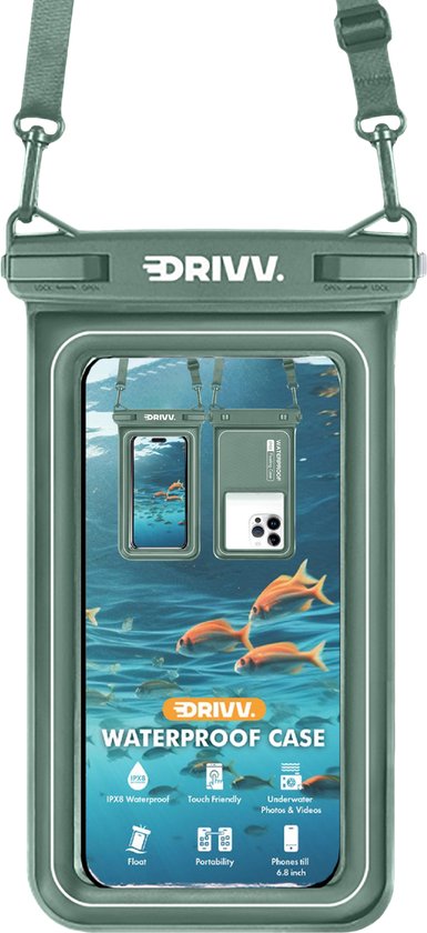 Drivv. Luxe Waterdicht Telefoonhoesje – Drijvend - Dubbele Klipsluiting - Telefoons tot 6.8 inch – Onderwater Hoesje Telefoon - Legergroen