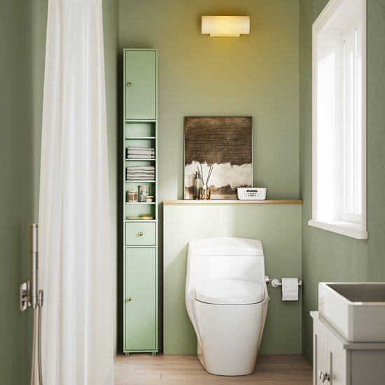 SoBuy Badkamerkasten hoog - Opbergkast met Verstelbare Planken en Lade - Kolomkast Badkamer - 20x180x20cm, Lichtgroen, BZR34-II-GR - voor Badkamer, Woonkamer, Slaapkamer