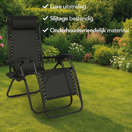 Brixy Opvouwbare Tuinstoelen set van 2 - Ligstoelen - Opvouwbaar - Verstelbaar - Ergonomisch Hoofdkussen - Metaal - Textileen - Zwart