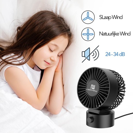 Northwall Mini USB Ventilator - Tafelventilator Zwart - Stille Mini Fan - Retro Bureau Ventilator - Klein, Stil en Geruisloos - Dual Motoren - Kantelbaar - 2 Snelheden