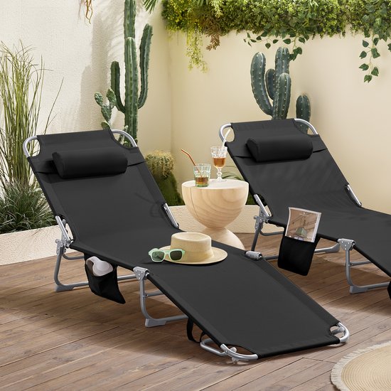 SoBuy Opvouwbare Ligstoel, Verstelbare Tuinligstoel met Hoofdsteun en Opbergzak, Ergonomische Relaxstoel voor Buiten,Tuin, Balkon en Terras, Zwart, OGS35-SCH
