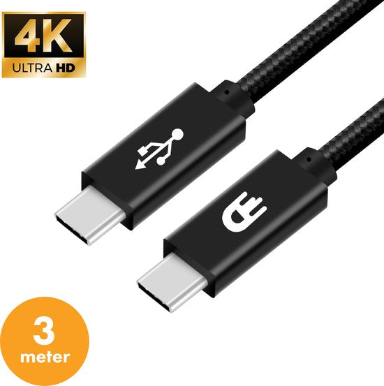 Drivv. USB C Kabel naar USB C 3.2 - 100w Snellader - 3 Meter - 4K 60Hz - 20GBs - Geschikt voor Samsung, Macbook, iPhone 15 & Meer - Nylon Kabel - Zwart