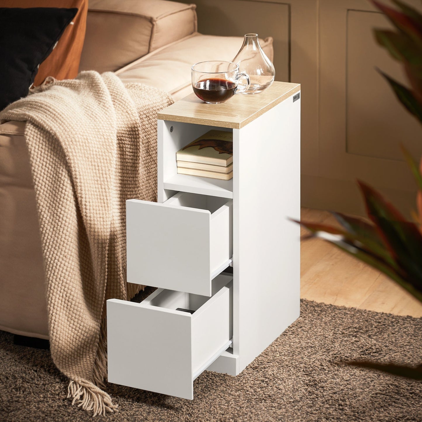 SoBuy Nachtkastje - FBT149-WN - 2 Laden & Open Vak - 20 cm x 35 cm x H60 cm - Wit