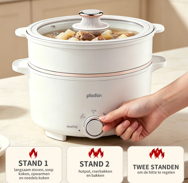 Plodon Elektrische Hotpot 2,4L - Antiaanbaklaag - 27 x 22 cm - Met Stoommandje