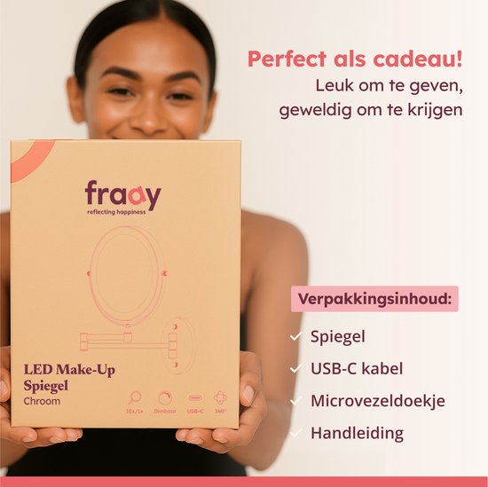 Fraay® Make Up Spiegel met LED Verlichting - 10x Vergroting - Vergrootspiegel met Licht - Oplaadbaar - Scheerspiegel - Badkamerspiegel - Chroom