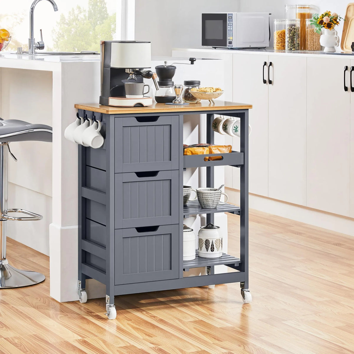 Yaheetech Keukentrolley met 3 Lades en Wielen - 67 x 37 x 84,5 cm - Donkergrijs