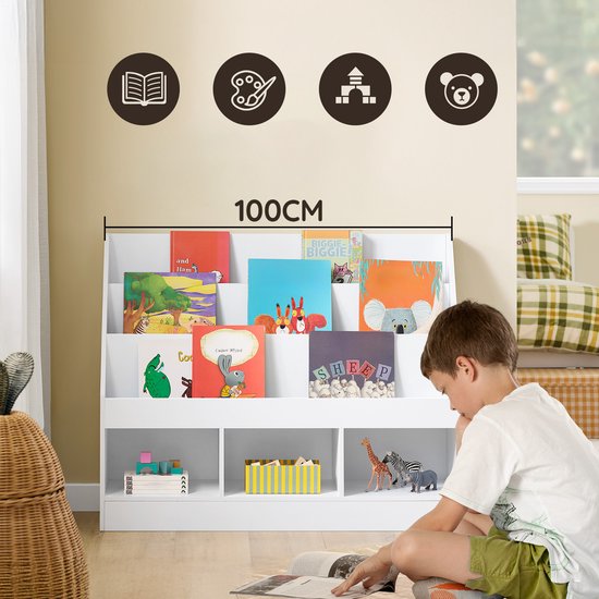 SoBuy Montessori KMB118-W Boekenkast voor kinderen, kinderrek met 3 opbergvakken en speelgoed opbergrek, kinderkamer, boekenrek en speelgoedrek, wit, 100 x 80 x 30 cm