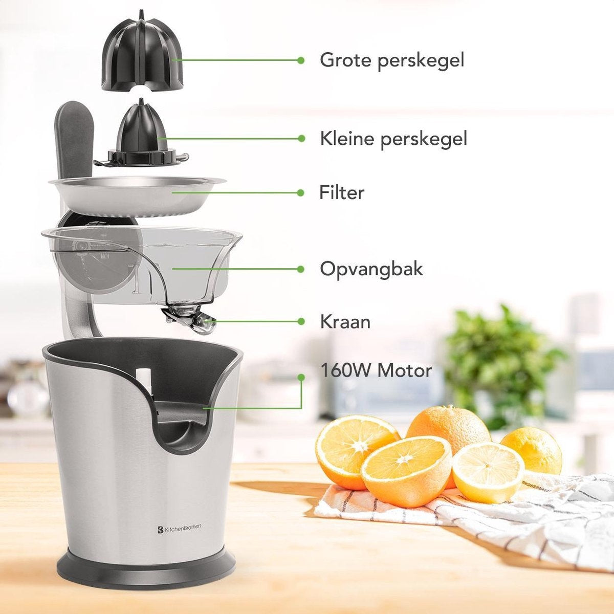 KitchenBrothers Citruspers - Elektrische Sinaasappelpers en Citroenpers met Pershendel - RVS - Zwart
