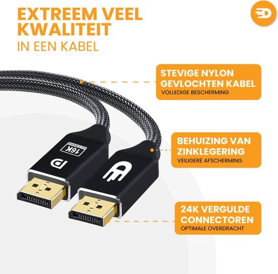 Drivv. DisplayPort Kabel 2.1 - 16K 60Hz 8K 120Hz 4K 144Hz - 80Gbps - - DisplayPort naar DisplayPort - DP Kabel - 1 meter - Zwart