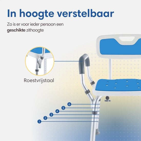 SafeLife – Douchestoel Met Rugleuning – In 6 Hoogtes Verstelbaar & Anti-slip Poten – Voorzien Van Gevoerd Zitvlak En Afneembare Armleuningen – Voor Ouderen En Revalidatie – Wit Aluminium