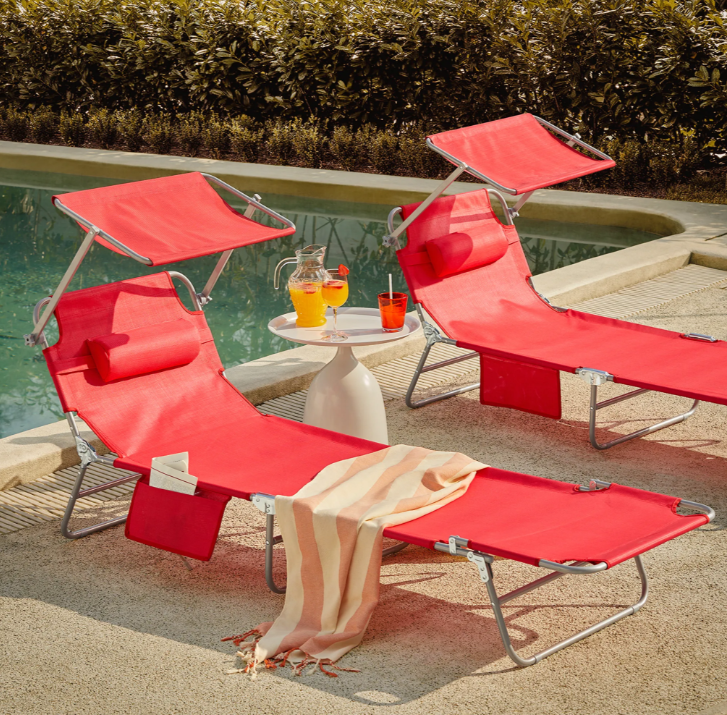SoBuy Set van 2 ligstoelen - met zonnedak - en zijvak - (OGS48-Rx2)