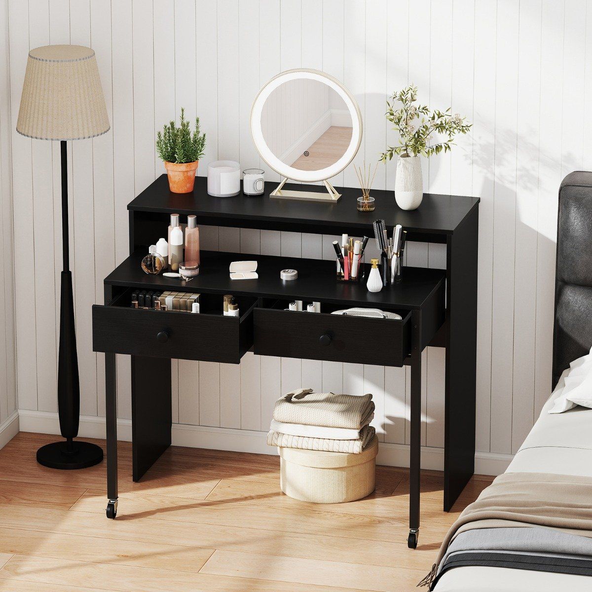 Coast Uitschuifbaar Bureau - met 2 lades - vergrendelbare wielen - zwart - 100 x 63 x 88 cm