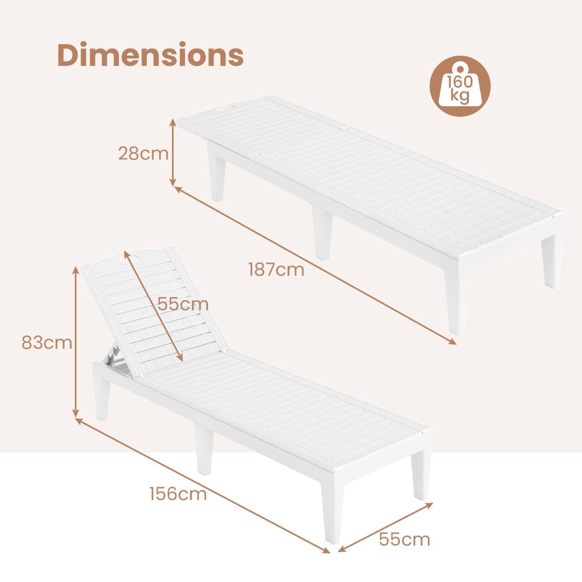 Coast Ligstoelen Set van 2 - verstelbare rugleuning - kunststof weerbestendig - wit