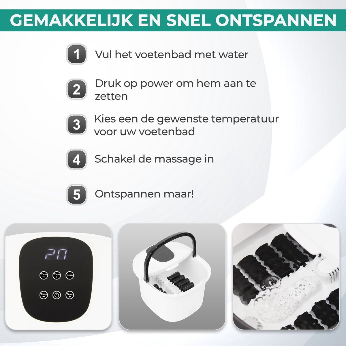 Niceey Massage Voetenbad XXL – Bubbelfunctie – 10 Massage Rollers – Tot 48°C - Infrarood - 12L - Wit