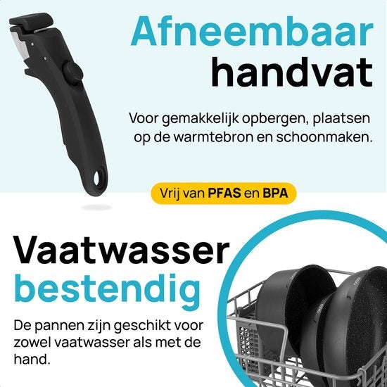 MOA Pannenset - 5 delig - Alle warmtebronnen - PFAS vrij - Anti aanbaklaag - Pannenset Inductie - Aluminium - Afneembare hendel - Zwart - PS501B