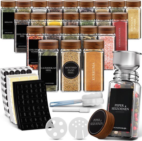 Soothe 24 Glazen Kruidenpotjes Vierkant met Acacia Deksel – 2 Soorten Strooideksels – Kruidenstrooier – Spice Jars – Complete Set incl Kruiden Stickers, Krijtstift en Accessoires – 120ml