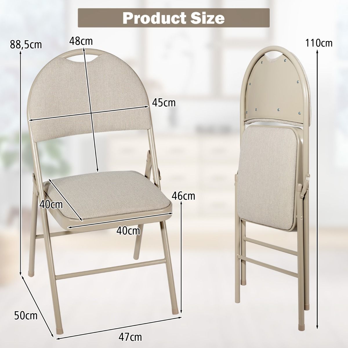 Coast 4-Delige Draagbare Klapstoelen Set – Metalen Frame, Gevoerde Zitting en Stof Beklede Rugleuning, Beige, 47 x 50 x 88,5 cm