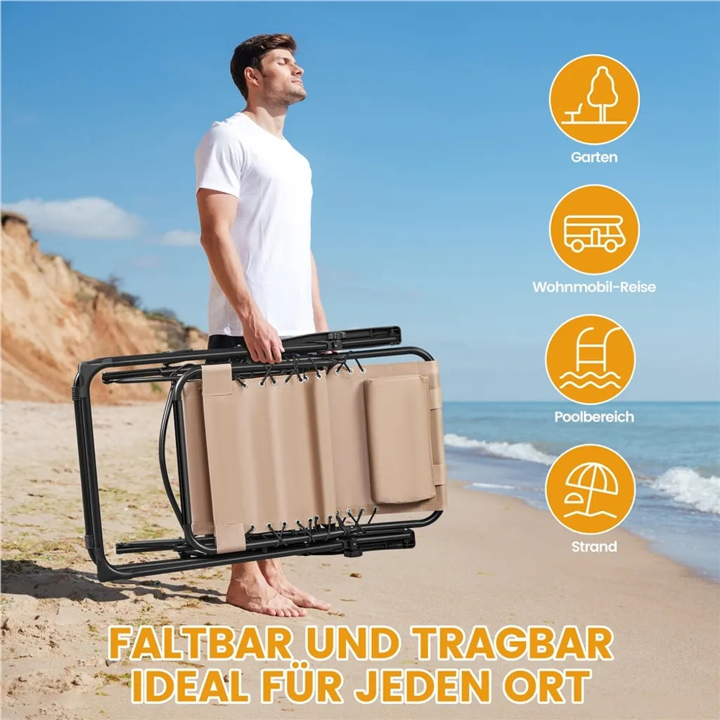 Yaheetech Set van 2 Zero Gravity Ligstoelen - Beige - Opvouwbare Relaxstoelen met Hoofdkussen en Bekerhouder