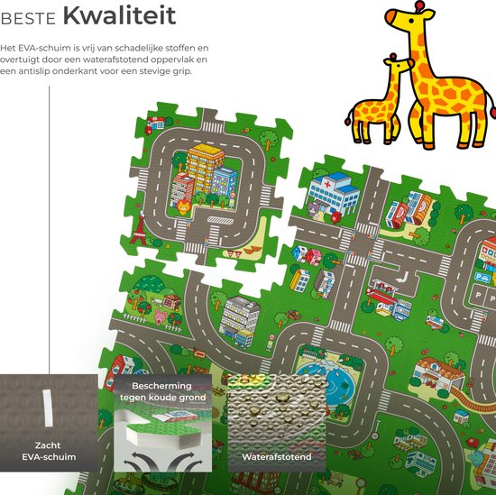 tectake® - Speelkleed - Speelmat foam - Speeltapijt baby - Stad en Wegen - 90 x 90 cm - 9-delige Puzzelmat - Antislip - Geluidsdempend en vochtwerend