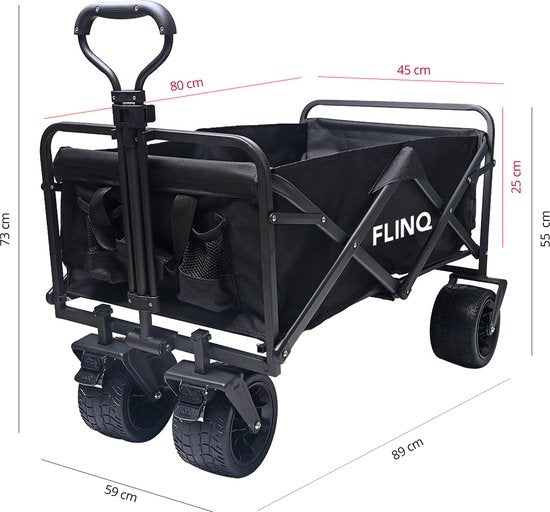 FlinQ Bolderkar tot 130 KG - Opvouwbaar - Strandkar met Duwstang - Inklapbare Bolderwagen voor Strand - 100L Inhoud met Draaibare Wielen - Zwart