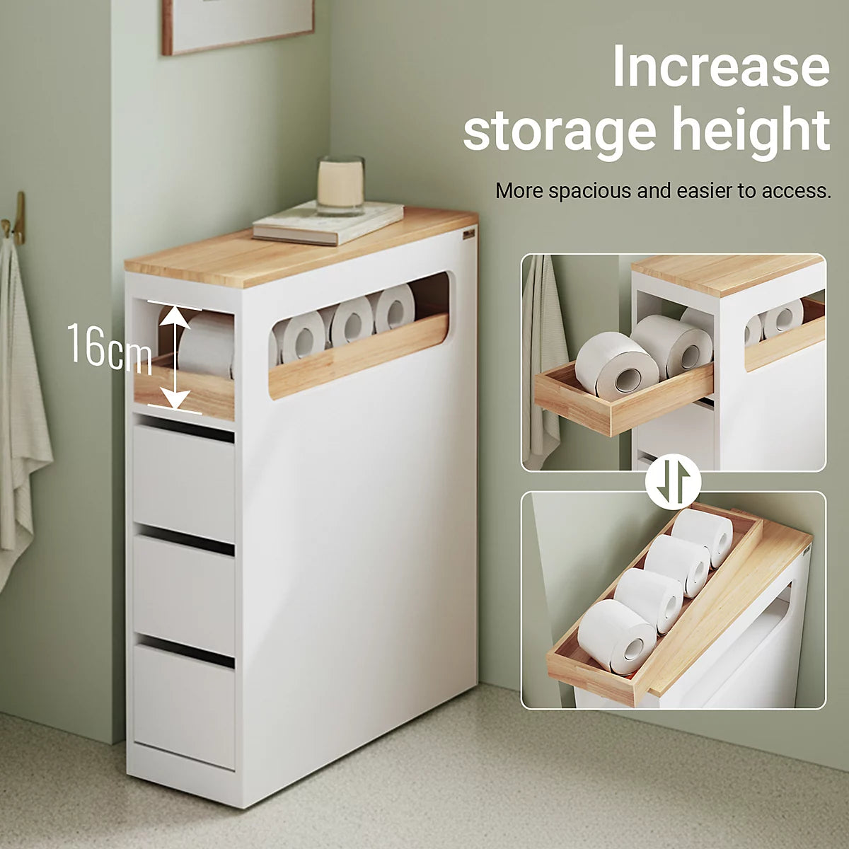SoBuy – BZR54-II-W Slanke Vrijstaande Badkamerkast – 65 x 23 x 82 cm – Voorzien Van 3 Lades En 4 Wielen En Verplaatsbaar Tussenschot – Voor Badkamer En Gastentoilet – Wit MDF En Rubberhout