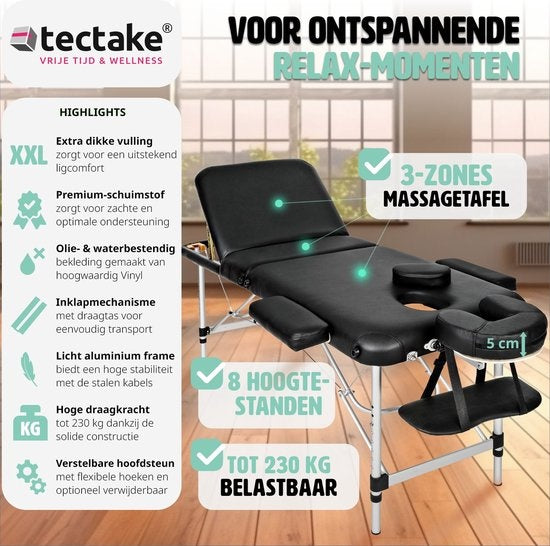 Mobiele Aluminium Massagetafel 3 Zones - Zwart - behandeltafel - behandelbank – incl. opbergtas – opvouwbaar