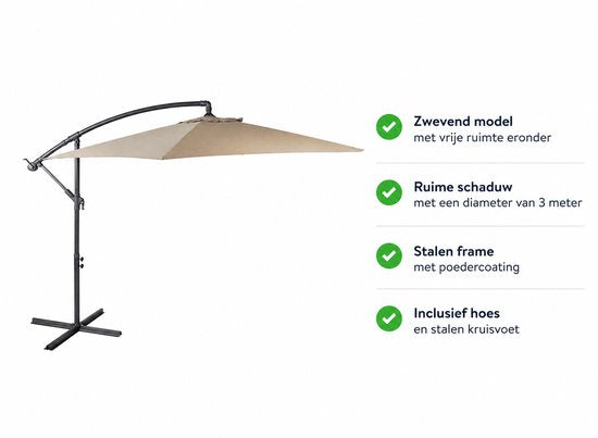 Nexxt Banana Parasol 3 Meter - Zweefparasol met Hoes en Stalen Kruisvoet - Taupe