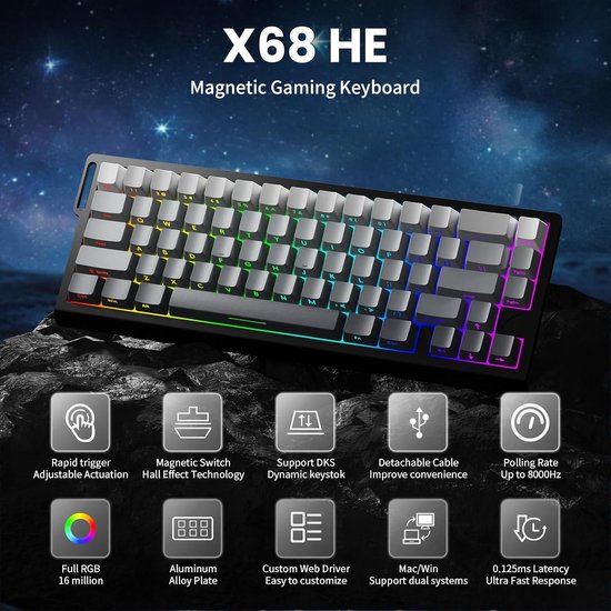 ATTACK SHARK X68HE - Magnetische Schakelaar Bedraad Gaming Toetsenbord - 66 toetsen - Zijbedrukte PBT Toetsen - RGB - Decoratieve Lanyard - 8Khz - 0.01mmRT - 0.125ms - Moonlit Night