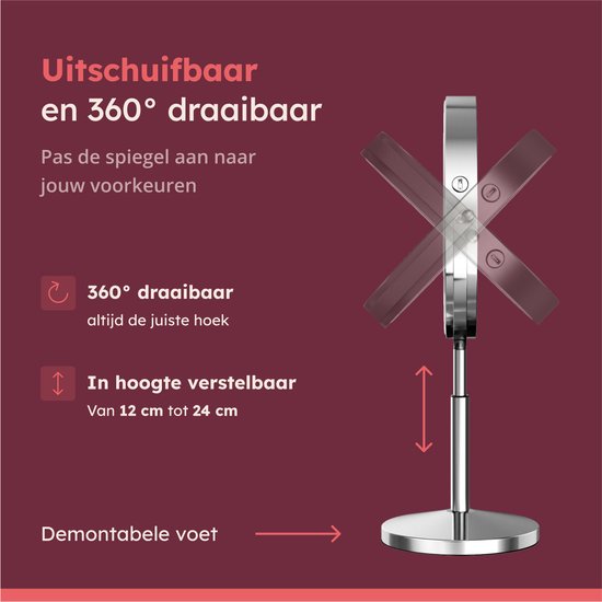 Fraay® XL Make Up Spiegel met LED Verlichting - 10x Vergroting - Vergrootspiegel met Licht - Oplaadbaar - Scheerspiegel - Badkamerspiegel - Chroom