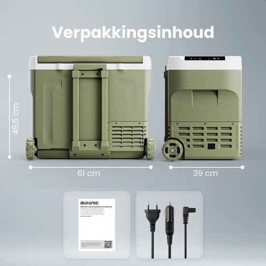 Auronic Elektrische Koelbox - Compressor - 40L - 12V en 240 volt - Camping Koelkast - Frigobox Auto - Met Wielen en Hendel - Groen