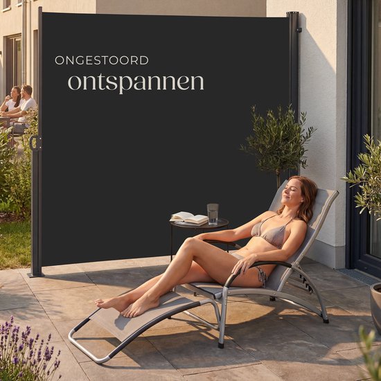 tectake® Uitschuifbaar Windscherm met Oprolmechanisme - 300 x 200 cm - Zijluifel met Aluminium Frame- Zonnescherm - Tuinscherm - Zwart Balkonscherm - Ondoorzichtbaar Privacyscherm - Markiesdoek