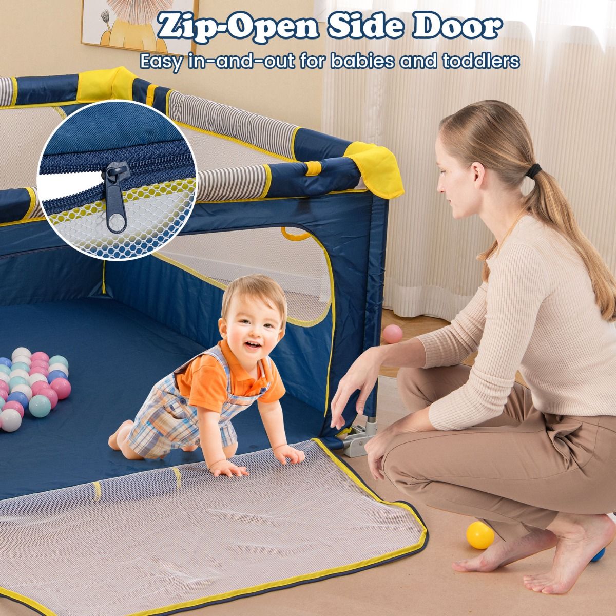 Coast Opvouwbaar Babylooprek 127 x 127 x 72,5 cm - 50 Ballen & 4 Trekringen - Ritsdeur - Blauw