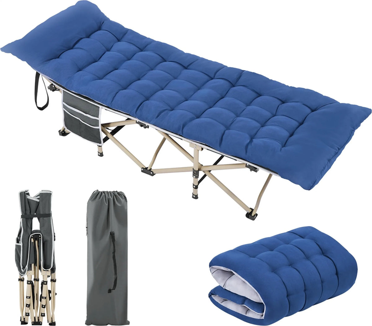 Yaheetech Campingbed Opvouwbaar 150 kg – Voorzien Van Zacht Matras En Zijvakken En Inclusief Draagtas – Voor Kamperen En Kantoor – Grijs En Blauw 600D Oxford En Metaal – 191 x 67 x 56 cm